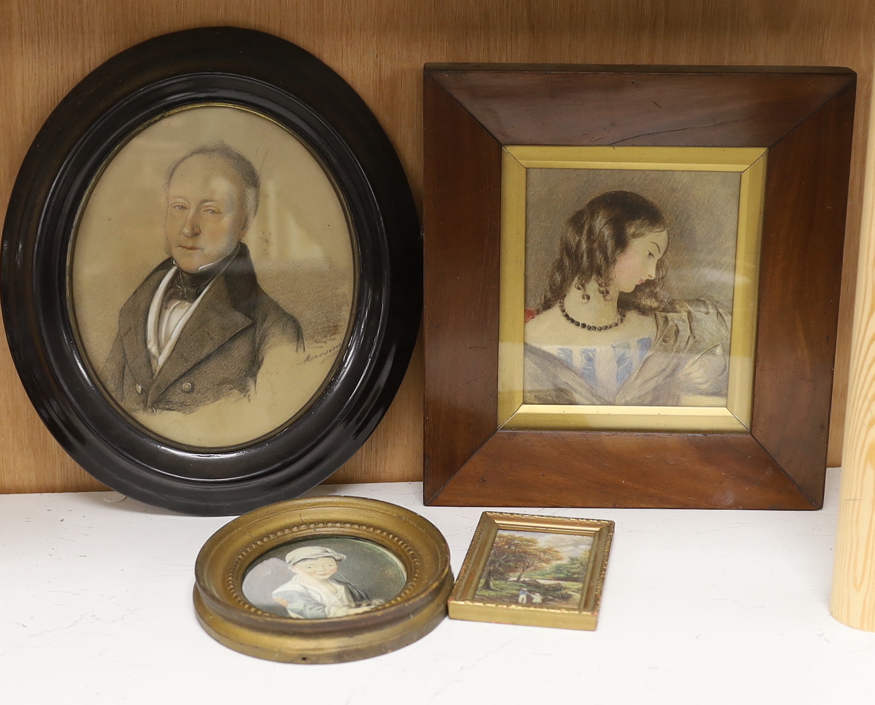 George Morosini (d.1882), heightened charcoal portrait of a gentleman, two 19th century watercolour portraits of children, one monogrammed GPH and dated 1800, and a miniature oil landscape, largest 19 x 15cm